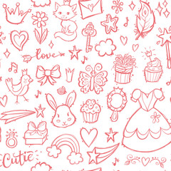 Seamless pattern with hand drawn doodle princess set