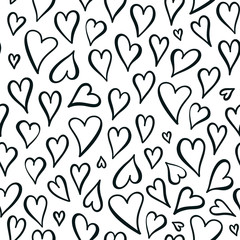 Seamless black and white vector background with hearts. Love, wedding, Valentines day design.