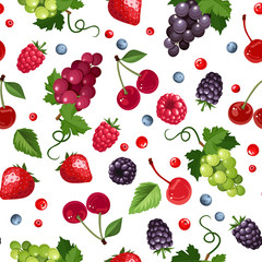Vector seamless background with strawberries, raspberries, grapes, blackberries, cherries, blueberries and current berries.