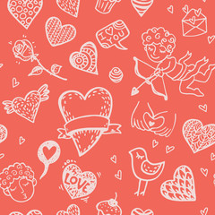 Love pattern with hand drawn doodle hearts. Valentines Day design