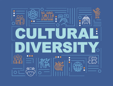 Multiculturalism word concepts banner. Cultural diversity. International community. Infographics with linear icons on blue background. Isolated typography. Vector outline RGB color illustration