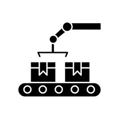Production black glyph icon. Conveyor belt with cardboard boxes. Automated factory packaging. Assembly operation with containers. Silhouette symbol on white space. Vector isolated illustration