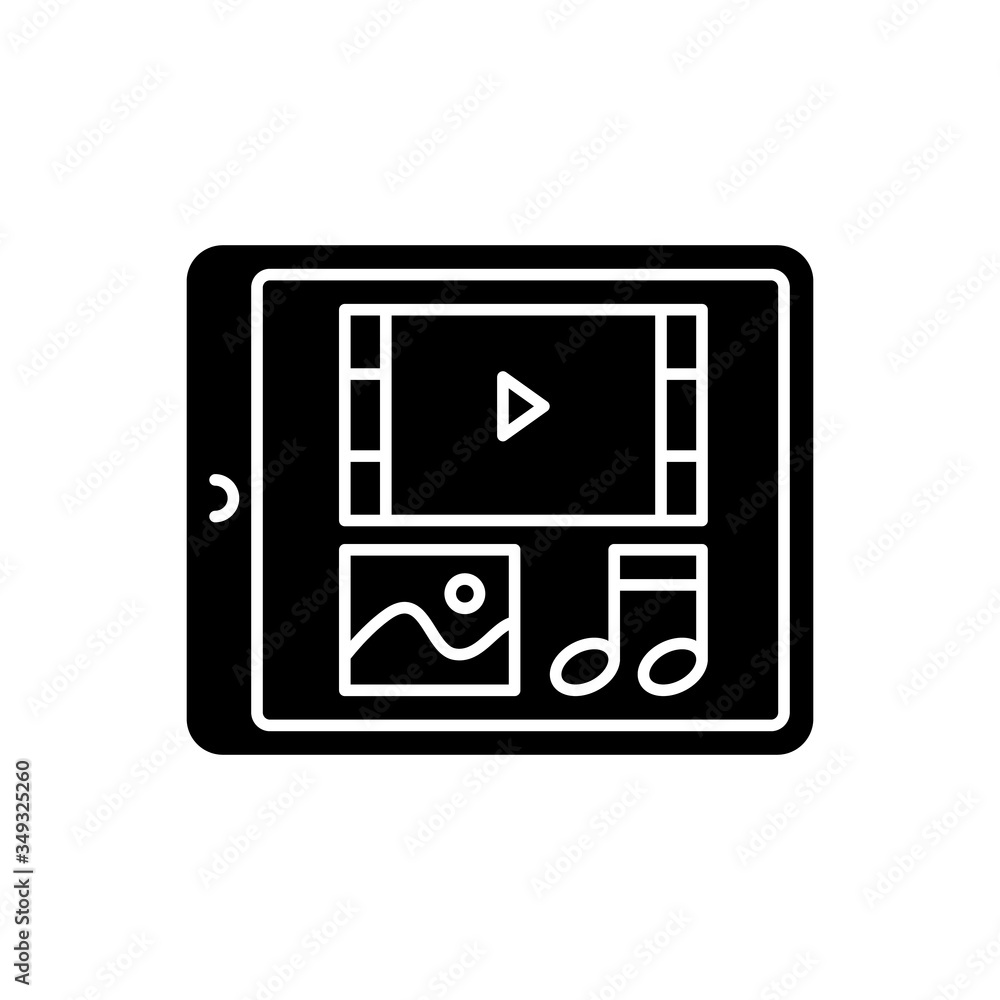 Sticker Multimedia black glyph icon. Tablet display with menu navigation. Digital technology. Electrical gadget screen. Photo, video on device. Silhouette symbol on white space. Vector isolated illustration