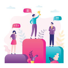 Career ladder concept. Success in business, three various businesspeople standing on podium. Reward, woman winner with prize.