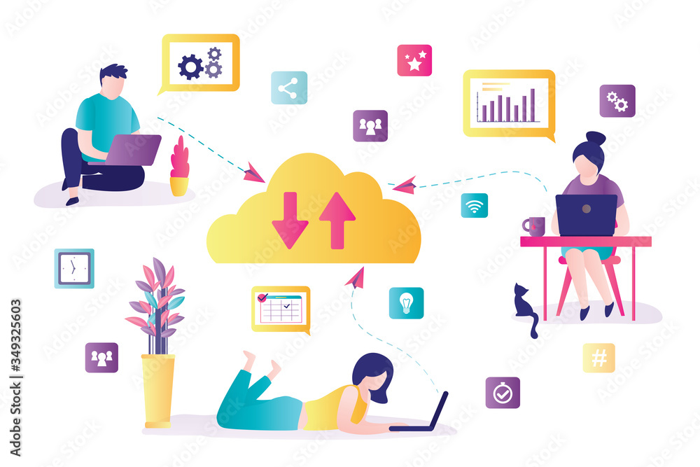 Poster group of business people working online. download and upload data, information via internet. cloud c