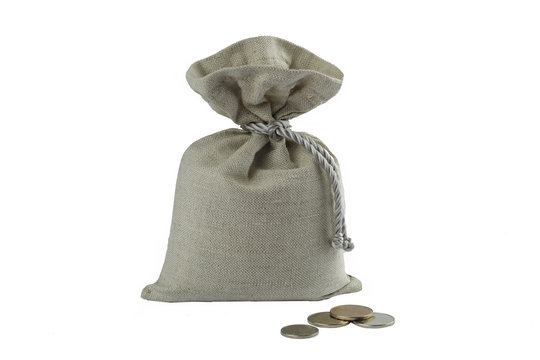 A bag of fabric and metal coins, isolate.