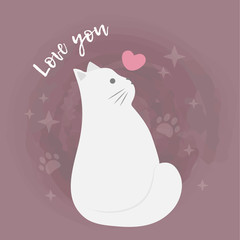 Cute cartoon white vector cat with heart. Valentine's day card, save the date greeting card, love card. Background with paws and stars. 