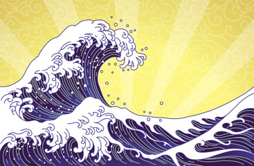 Great wave and ocean oriental style illustration isolated on  golden sunshine and  seamless clouds background. Japan waves and Chinese cloud vector. - obrazy, fototapety, plakaty