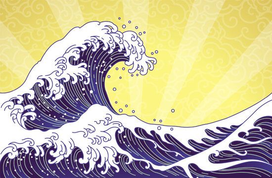 Great wave and ocean oriental style illustration isolated on  golden sunshine and  seamless clouds background. Japan waves and Chinese cloud vector.