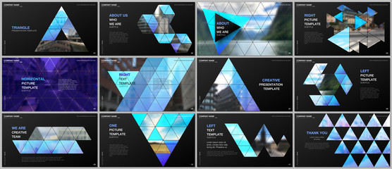 Minimal presentations design, portfolio vector templates with triangular design background, triangle style pattern. Multipurpose template for presentation slide, flyer leaflet, brochure cover, report.