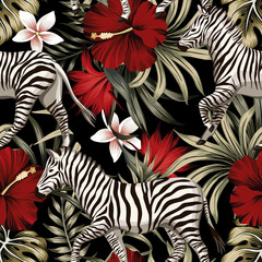 Tropische florale hawaiianische Palmblätter, Hibiskusblüte, Zebratier nahtlose Muster schwarzer Hintergrund. Exotische Dschungeltapete.