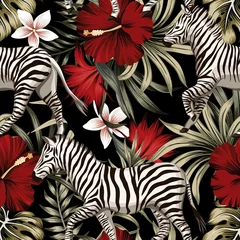 Behang Tropische bloemen Hawaiiaanse palmbladeren, hibiscus bloem, zebra dierlijke naadloze patroon zwarte achtergrond. Exotisch junglebehang. © good_mood