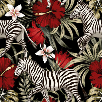 Tropical Floral Hawaiian Palm Leaves, Hibiscus Flower, Zebra Animal Seamless Pattern Black Background. Exotic Jungle Wallpaper.