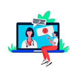 Online psychotherapist flat cartoon vector illustration.Depressed girl at the doctor. Psychologist remote assistance concept drawing. Online doctor consultation banner design.