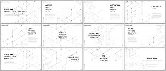 Presentation design vector templates, multipurpose template for presentation slide, flyer, brochure cover design. Scientific medical research. Abstract molecular connection structure backgrounds.