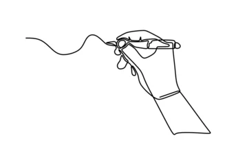 Photo sur Plexiglas Une ligne Continuous one line drawing hand palm fingers gestures pen, pencil. Ballpoint in hand. Writing or drawing with ink pen. Vector illustration minimalist design isolated on white background.