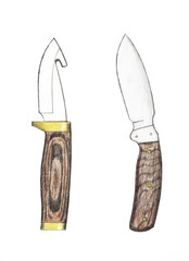 Handmade color drawing of contemporary fixed blade knives collectibles
