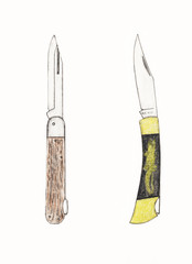 Handmade color drawing of contemporary folding knives collectibles
