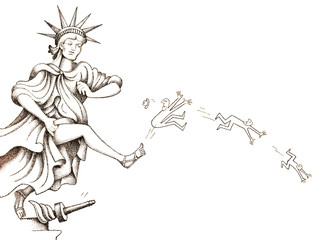 Handwriting in style of Statue of Liberty kicking human figure out of the USA