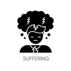 Suffering black glyph icon. Anxiety disorder. Depression symptom. Feeling of pain. Migraine from tension. Negative psychological state. Silhouette symbol on white space. Vector isolated illustration