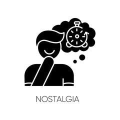 Nostalgia black glyph icon. Positive mood. Man feeling sentimental. Person reflecting on past. Memory trigger. Emotional intelligence. Silhouette symbol on white space. Vector isolated illustration