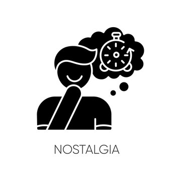 Nostalgia Black Glyph Icon. Positive Mood. Man Feeling Sentimental. Person Reflecting On Past. Memory Trigger. Emotional Intelligence. Silhouette Symbol On White Space. Vector Isolated Illustration