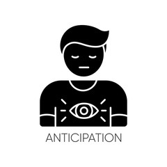 Anticipation black glyph icon. Man expecting future. Person with intuitive prediction. Mental state. Human feeling of discomfort. Silhouette symbol on white space. Vector isolated illustration