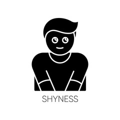 Shyness black glyph icon. Person feeling awkward. Man embarrassed. Social anxiety. Low self esteem. Worry and doubt. Avoid eye contact. Silhouette symbol on white space. Vector isolated illustration
