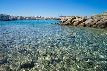Scenic view of the beach near old town on the Greek island of Mykonos.