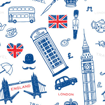 Hand drawn pattern with England symbols and landmarks.