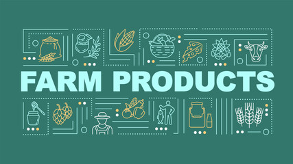 Farm product word concepts banner. Dairy and wheat, natural food. Infographics with linear icons on yellow green background. Isolated typography. Vector outline RGB color illustration