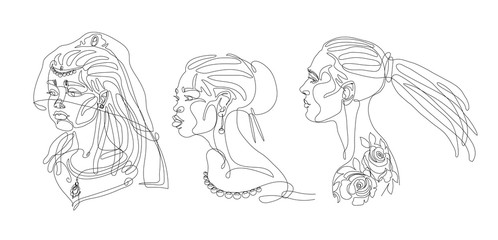 Fototapeta na wymiar set of cute girls heads with jewelry & tattoo roses, beads & earrings, bride in veil on dreadlocks, vector illustration with black contour lines isolated on white background in one line drawing style