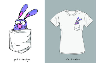 Violet bunny in pocket. Funny illustration for print on t-shirts. Favorite pet in my pocket. Animal out of pocket