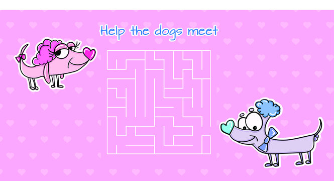 Help two inloved dogs find path to each other. Cute maze game for kids. Funny labyrinth  game for childrens
