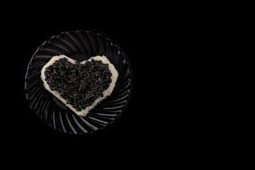 Sandwiches with black sturgeon  caviar on plate with fresh lemon, ice cube, mint. Healthy diet. Selective focus Copy space Space for text