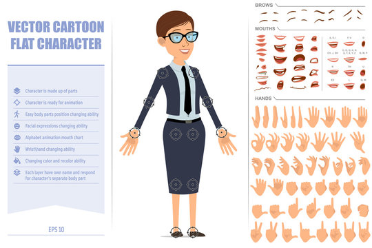 Cartoon flat funny business coach woman character in blue suit and glasses. Ready for animation. Face expressions, eyes, brows, mouth and hands easy to edit. Isolated on white background. Vector set.
