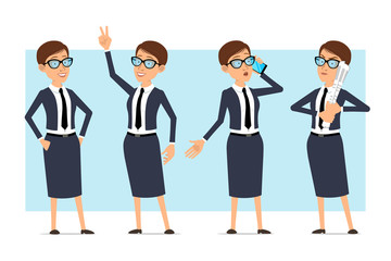 Cartoon flat business coach woman character in blue suit and glasses. Ready for animation. Girl talking on phone, holding newspaper and showing peace sign. Isolated on blue background. Vector set.
