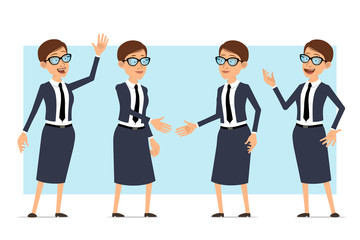 Cartoon flat funny business coach woman character in blue suit and glasses. Ready for animation. Girl shaking hands and showing hello or bye gesture. Isolated on blue background. Vector set.
