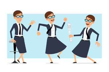 Cartoon flat funny business coach woman character in blue suit and glasses. Ready for animation. Girl resting, jumping and dancing with newspaper. Isolated on blue background. Vector set.
