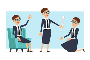 Fototapeta na wymiar Cartoon flat funny business coach woman character in blue suit and glasses. Ready for animation. Girl showing hello gesture on sofa and begging on knee. Isolated on blue background. Vector set.