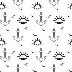 Seamless print in a marine style with anchors, waves,suns, seagulls. Vector hand-drawing in cartoon style on a white background.