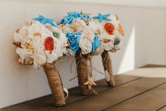 Wedding Bouquet Diy Made Of Seashells And Silk, For The Wedding Ceremony Or Vow Renewal