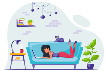 Fototapeta na wymiar Young woman freelancer is working on a laptop at home. Remote work. Home Office. Vector illustration in a flat style.