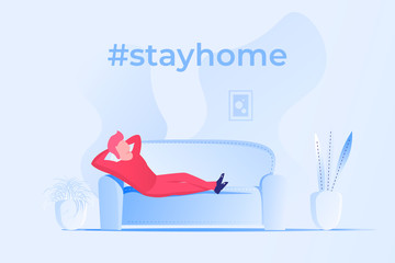 Stay home coronavirus prevention poster in light blue color palette, modern styled illustration with man laying on sofa