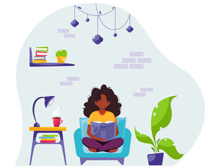 Black woman reading a book in chair. Stay home concept. Modern interior. Vector illustration in flat style.