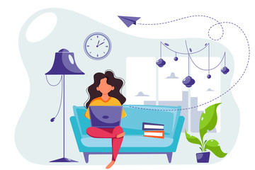 Woman working on laptop at home. Remote work. Woman freelancer. Stay home concept. Vector illustration in flat style