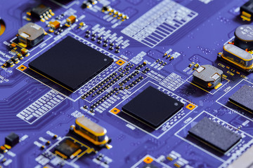 Electronic circuit board close up.