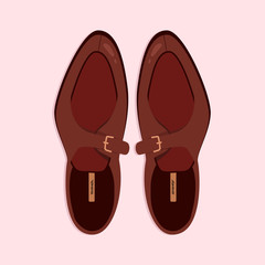 Men shoes top-down view. Classic brown men shoes isolated illustration. Hand-drawn vector clip art for web and print. Trendy flat-lay style illustration of a men shoe pair. 