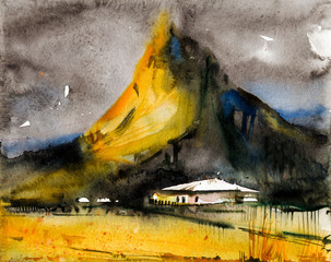 Mountain cottage landscape hand drawn watercolor illustration