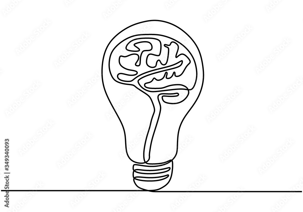 Poster continuous one line drawing light bulb symbol idea. lightning in the lamp symbol of energy. trendy f